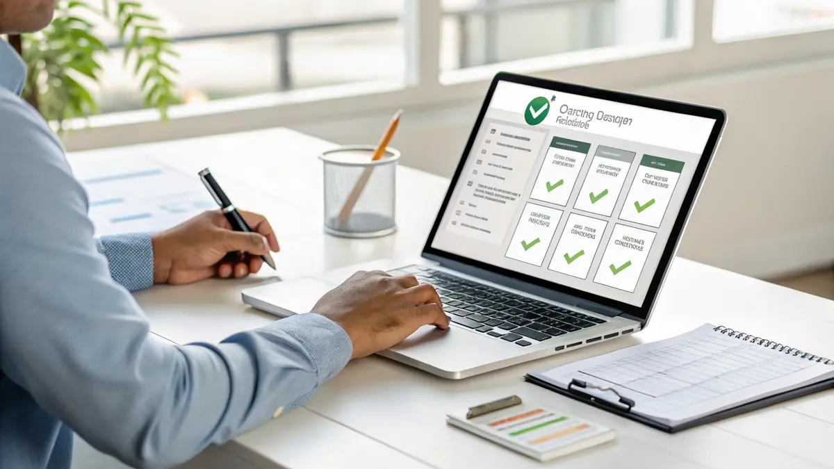 Business owner reviewing automated content creation workflow while preserving human brand voice
