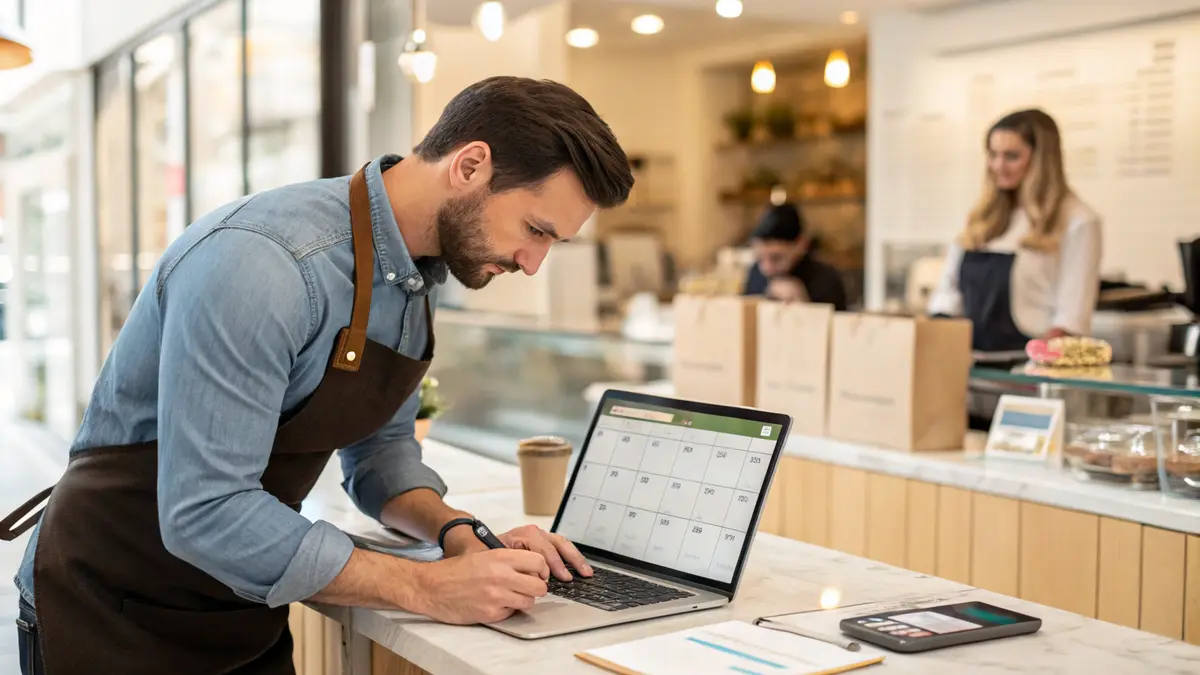 Small business owner comparing a busy real-world schedule with an outdated online presence
