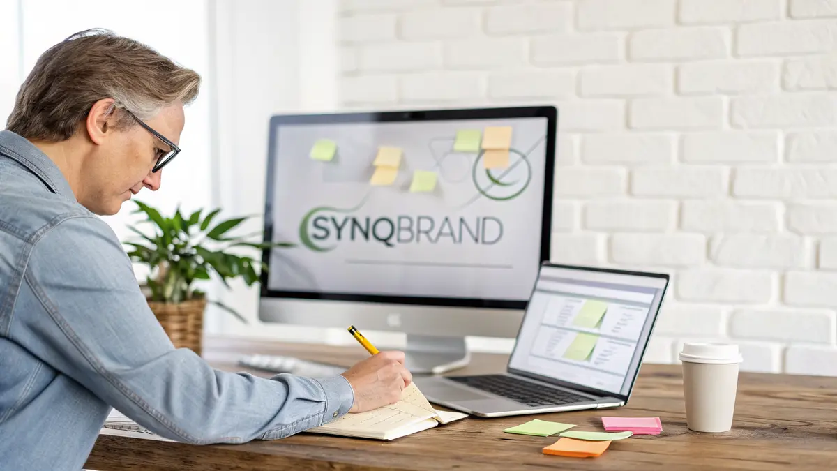 Small business owner working while online profiles appear outdated