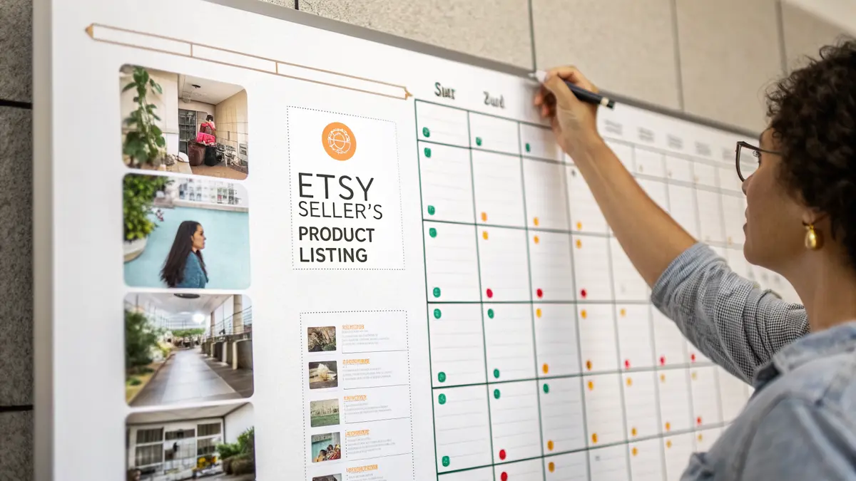 Workflow showing an Etsy product listing transformed into multiple social media post formats