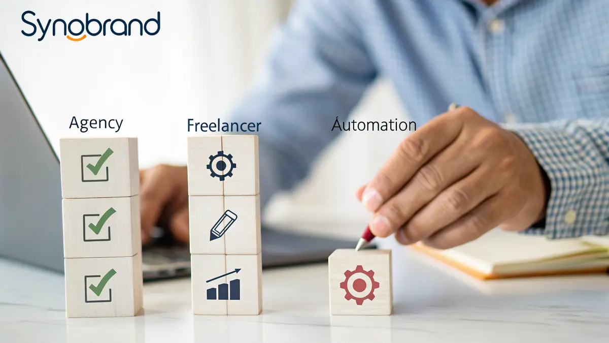Decision framework comparing agency, freelancer, and marketing automation system