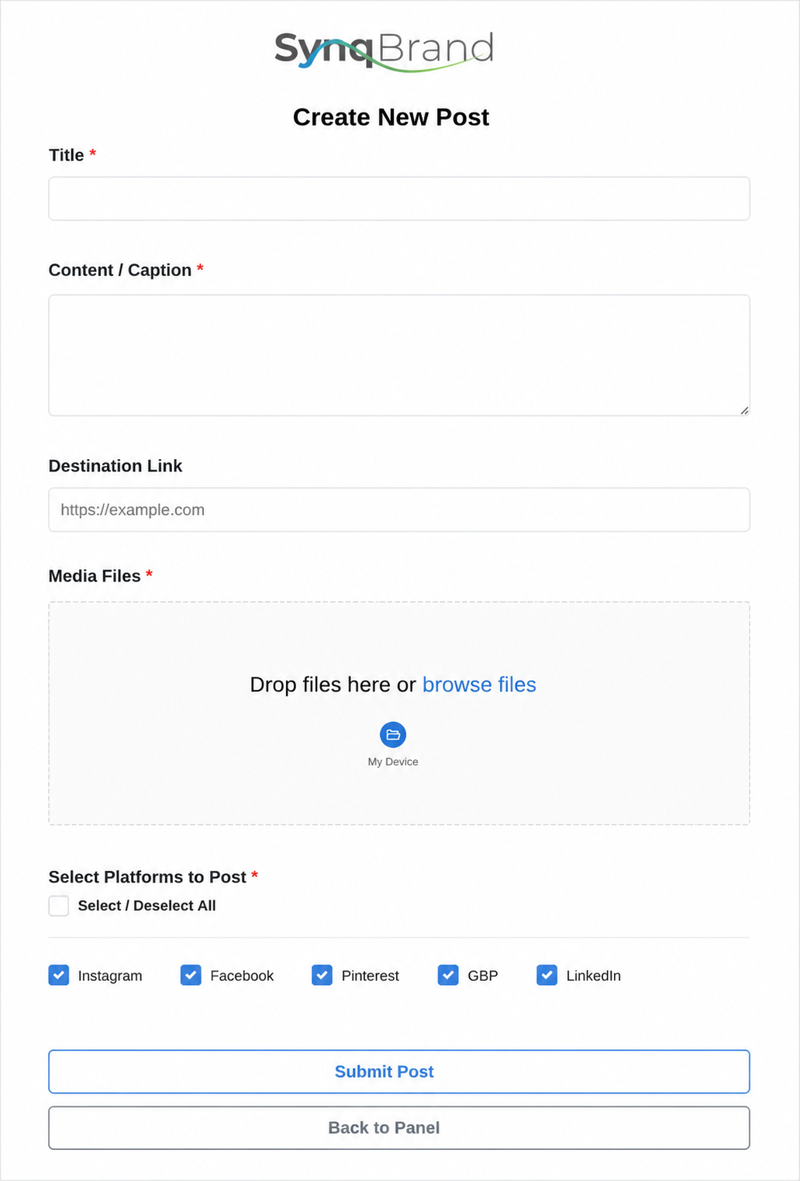 SynqBrand Create New Post page with title, content, destination link, media upload and platform selection fields