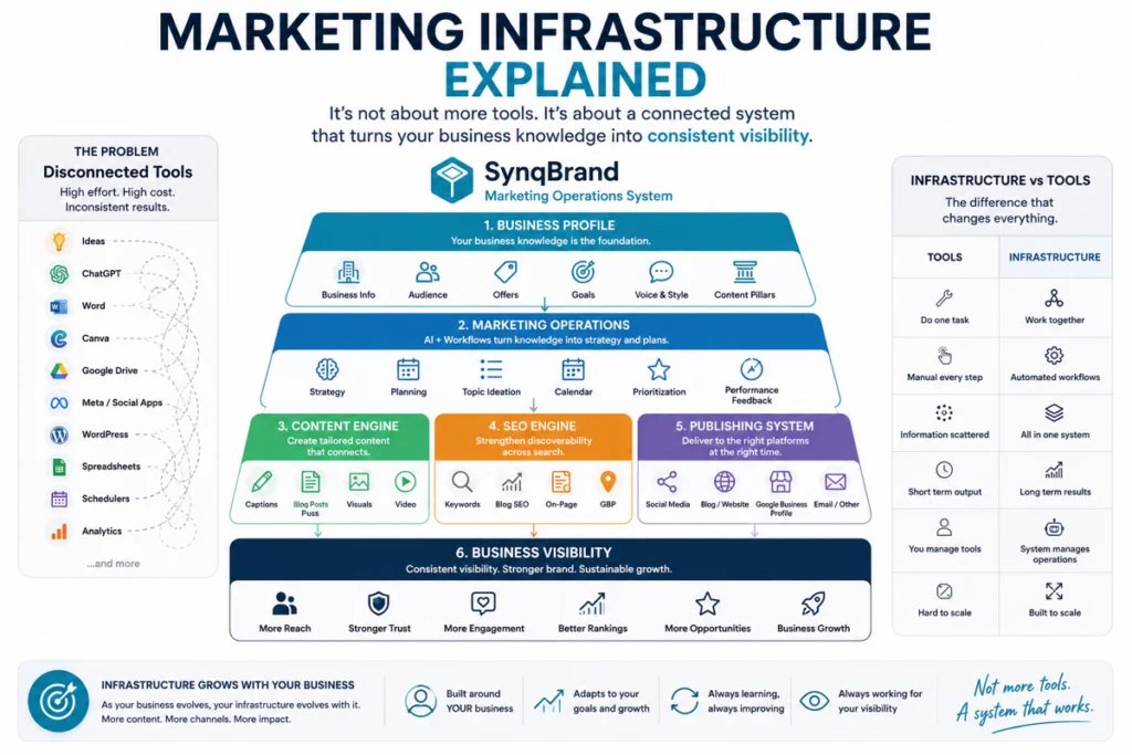 Marketing infrastructure layers connecting Business Profile, Marketing Operations, content, SEO, publishing and digital visibility