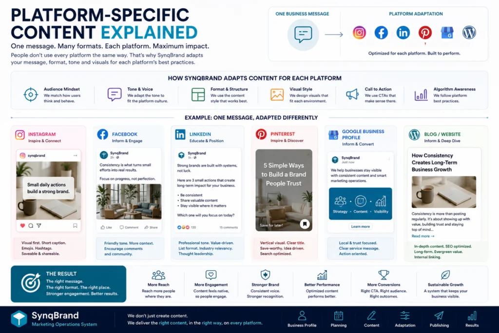 One SynqBrand business message adapted into platform-specific content for Instagram, Facebook, LinkedIn, Pinterest, Google Business Profile and blogs