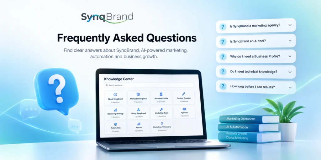 SynqBrand Frequently Asked Questions covering AI, Marketing Operations, Business Profile, automation, SEO, agencies and digital marketing.