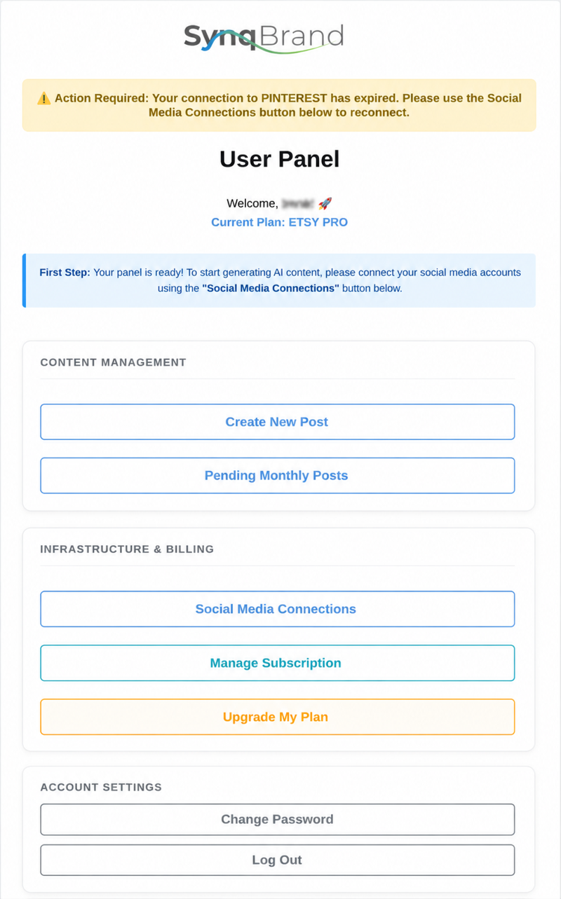SynqBrand User Panel home page showing Content Management, Infrastructure and Billing, and Account Settings sections